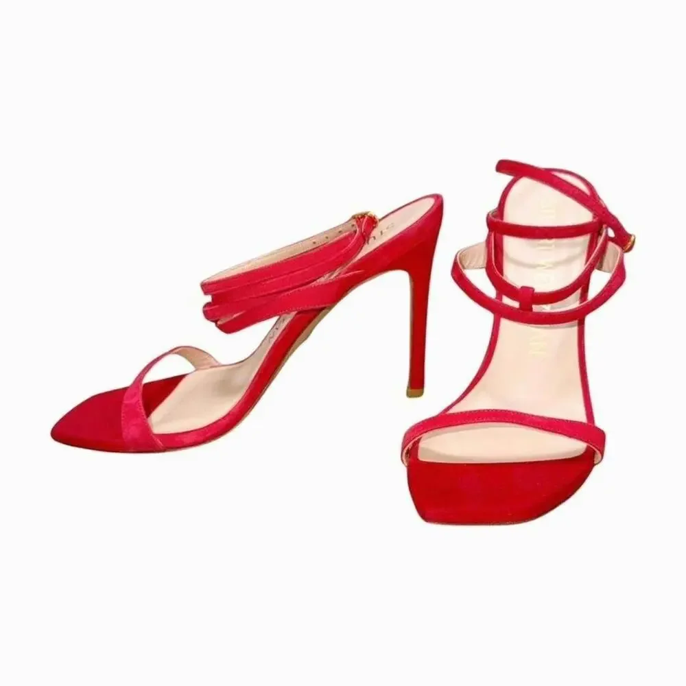 Stuart Weitzman Ellsie 100 Red Suede Ankle Strap Sandal Heel 7.5